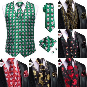 Västar hitie Christma Silk Men's Vest Bie Green White Santa Formal ärmlös jacka 4pc Hanky ​​manschettlänk Paisley Suit Waistcoat Party