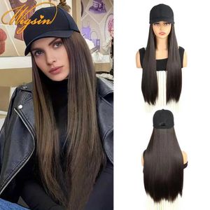 Syntetiska peruker Syntetiska peruker Wigsin 24Inch Lång rak One Piece Baseball Hair Hat Wig Justerbar Syntetisk naturlig svartbrunt hårstycke för kvinnor 240327