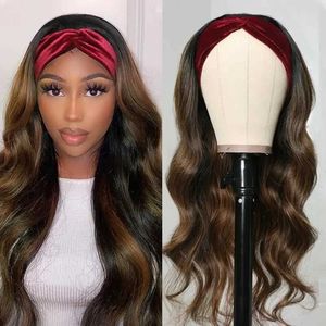 Synthetic Wigs Black Balayage Headband Wig Human Hair Body Wave Highlight Wig Put On Go Glueless Human Hair Wigs with Pre-attached Scarf 240329
