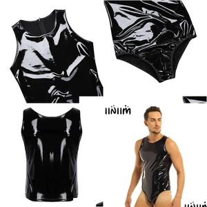 Sexy Pyjamas Latex Catsuit Men Babydoll Body Lingerie Wetlook Pvc Leather Thong Bodysuit Zipper Back Overall Jumpsuit Homme Y Clubwear Dh7Zi
