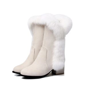 Boots Big Size Round head Ma'am Coarse heel Short boots short tube warm boots Real rabbit fur comfortable Side zipper