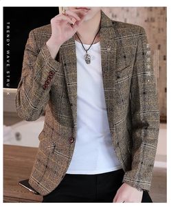 2023 Mens Casual Plaid Suit Jacket Male Linen Business Selfcultivation Wedding Dress Party Coat Plus Size S5XL 240307