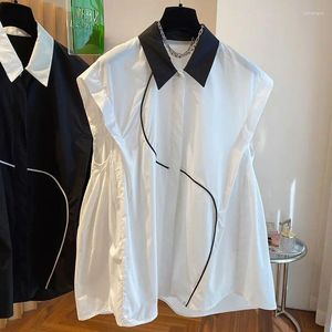 Blusas femininas de algodão sólido camisas femininas topos verão 2024 botão sem mangas plissado tshirt branco preto camiseta topo solto camisa das mulheres roupas