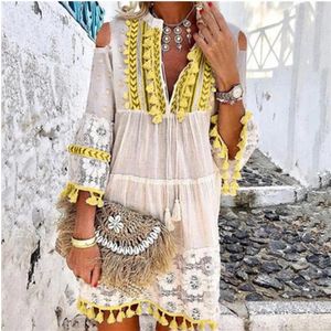 Casual Dresses Ladies Travel Beautiful Dress Spring 2024 Lace Flower Bell Sleeve V-neck Loose Fringed