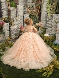 Жемчужно-розовые кружевные платья для девочек-цветочниц на свадьбу с цветочным тюлем, детское бальное платье подружки невесты для первого причастия, свадебное вечерние 240309