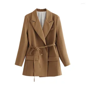 Damenanzüge Koreanische Vintage Khaki Anzugjacke mit Schärpen Frauen Frühling Herbst Kerbkragen Langarm Weibliche Blazer Mantel Chaqueta Mujer