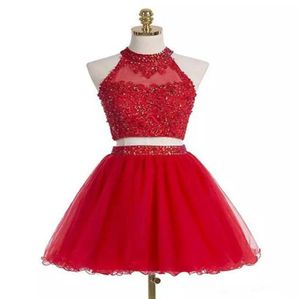 Prom vestido de baile mais recente vermelho curto duas peças frisado cristal apliques aline cocktail formatura ocasião especial Gown3399246