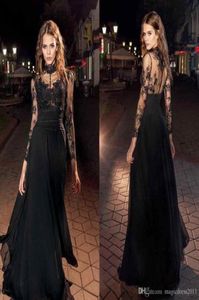 2021 Black Prom Dresses Illusion Long Sleeves High Collar Lace Chiffon Evening Party Wear Modern Formal Vestidos7957037