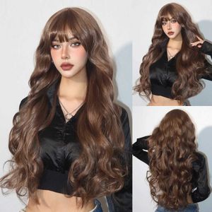 Synthetic Wigs Long Body Wave Synthetic Wigs Dark Brown Wavy Wig with Bangs Chocolate Brown Hair for Women Full Wig Heat Resistant Daily Use 240328 240327