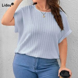 Tops Summer Women's Clothing Casual Solid Vertical Pattern Bat Short Sleeve Top Plus Size Crew Neck Pit Strip Loose Pullover TShirt