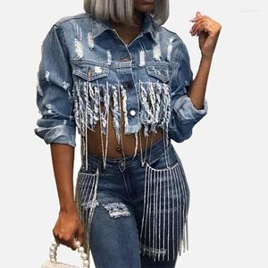 Kvinnorjackor Tassel Ripped Croped Jean Jacket Kvinnor Autumn Vintage Chain Long Sleeve Denim Streetwear Short Coat Kvinnlig outwear