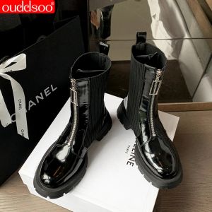 Stivali ODS 2023 NUOVI stivali con cerniera frontale di punta rotonda Donne Black Sexy Cuffi a tallone grossa Autunno inverno in vernice di grandi dimensioni 42