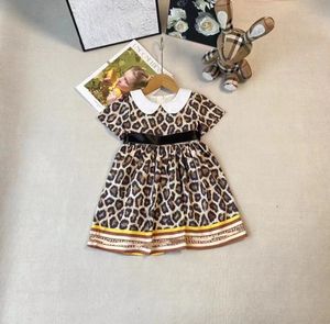 2024 Summer Girls Leopard Dresses Children Doll Lapel Short Sleeve Princess Dress Designer Kids Letter Tryckt Kläder S1227
