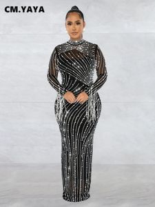 CM.YAYA Kadınlar Mesh Püskül Uzun Kollu Elmaslar Rhinestones Bodycon Midi Maxi Uzun Elbise ve Tank İç Elbiseler 2 Parça Takım 240314