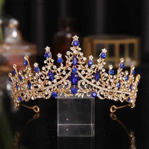 Tiaras Blue Luxury Hair Akcesoria kryształowy kryształowy koronny tiary na głowę panna młoda nakrywa głowy biżuteria do włosów dla kobiet y240319