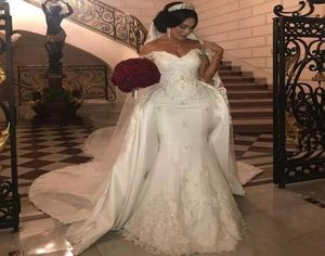 Pageant Beaded Lace Wedding Dresses With Detachable Train Off Shoulder Mermaid Bridal Gowns Applique Ivory Satin Wedding Dress 2687205476