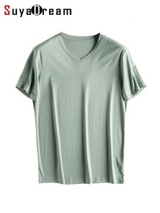 Suyadream MensソリッドティーコットンシルクブレンドプレーンOネック短袖居心地の良いTシャツ夏シンプルシックトップホワイトブラック240305