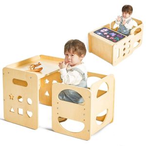 Conjunto de desmame 2 em 1, conjunto de mesa infantil de madeira com quadros negros, banco de cadeira de altura ajustável, móveis Montessori para crianças de 1 a 3 anos para meninos e meninas