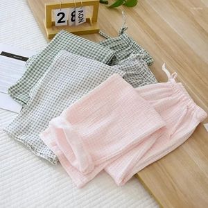 Calças de dormir femininas 2024 tamanho solto calças casuais simples primavera/verão pijama algodão senhoras xadrez casa crepe