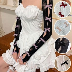Knee Pads One-Piece Lace Bow Arm Sleeves Shawl Cover Mesh Flock Oversleeve Wraps Women Summer Sunscreen Driving Cycling Long Gloves