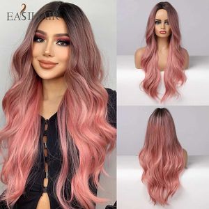 Syntetiska peruker cosplay peruker easihair lång ombre rosa syntetiska peruker för kvinnor mellersta delen vågiga cosplay peruker naturligt hår peruk värmebeständig rosa röd peruk 240328 240327