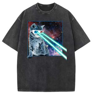 Homens camisetas Laser Eyes Space Cat com impressão engraçada Mens camisetas Vintage Homem Verão / Outono Manga Longa Moletons Unissex Mais Novo T-shirt 240327