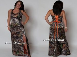 Halter Laceup Back Camo Abiti da damigella d'onore Split Side Stampa mimetica sexy Lunghezza pavimento Abiti da damigella d'onore Economici Taglie forti Forma5488672