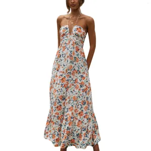 Casual Dresses Women Summer Boho Style Dress Elegant Slim Backless Pleated Lady Sexy Printed Long Party Mujer