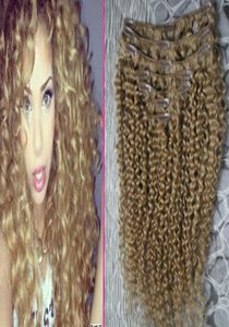 Afro kinky clip in extensions clip in human hair extensions 7pcs honey blond kinky curly african american clip in human hair exten1065215