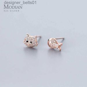 Ohrstecker MODIAN Dazzling Clear CZ Cute Cat Face Fish Asymmetry Stud Earring for Women 925 Sterling Silver Animal Ear Studs Fine JewelryC24319