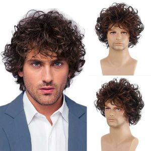Synthetic Wigs Cosplay Wigs Mens Short Brown Wig Synthetic Hair Smooth Natural Pixie Cut Toupee Curly Heat Resistant Wigs For Male Men 240328 240327
