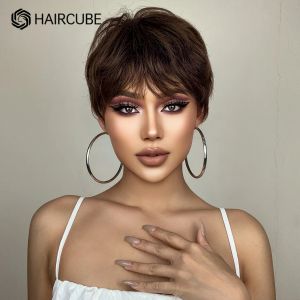 Wigs Short Bob Straight Human Hair Wigs with Bangs Pixie Cut Wig Dark Brown Hair Wigs Machine Made Cheap Human Hair Wigs for Women