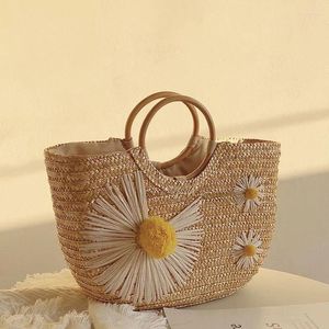 Storage Bags Little Daisy Grass Weaving Women's Bag Wooden Ring Handle Drawstring Inner Beach Holiday Travel Organizer