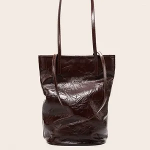 Сумка-ведро из многослойной воловьей кожи, большая вместительная сумка-мешок в ретро-стиле с ручкой на плечо, плиссированная сумка-тоут