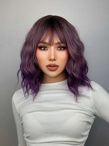 Synthetic Wigs Lace Wigs Purple Ombre Short Bob Body Wave Synthetic Wigs For Women Cosplay Wig With Bangs White Synthet Natural Hair Lolita Pelucas N 240329