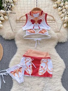 Conjunto sexy Cosplay Cosplay Sexy Ternos 2023 Mini top mangas+saia curta e tanga de bainha biquíni biquíni doce Erótico de três peças conjuntos 24319