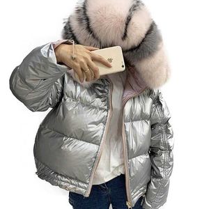 Пуховые пальто-пузырьки, блестящие женские оптовые продажи, большая куртка-пуховик с отделкой из натурального лисьего меха, с капюшоном