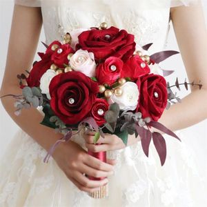 Flores de casamento segurando artificial natural champanhe vermelho rosa buquê com fita de cetim de seda festa de noiva da dama de honra