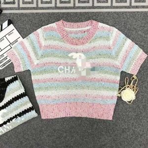 Women's O-neck Short Sleeve Rainbow Color Stripe Knitted Letter Embroidery Sweater Tees SML