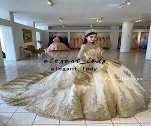 Champagne oro Bead 2022 Abiti Quinceanera Lace Up Appliqued Manica lunga Ball Gown Prom Party Wear Sweet 16 Dress Vestidos1150700