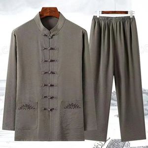 Set di abbigliamento sportivo da uomo 2 pezzi Completo da uomo versatile Completo da uomo tradizionale cinese con colletto alla coreana Pantaloni in vita elastica 240315