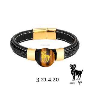 Bangle Natural Tiger Eye 12 constellation Carved Gold Plated Jewelry Vintage Men 316L Stainless Steel Leather Link Classic Bracelet 240319