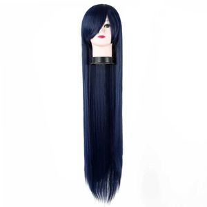 Syntetiska peruker Lång mörkblå peruk FEI-show Syntetisk värmebeständig 100 cm/40 tum Straight Hair Carnival Halloween Costume Cos-Play Hairpiece 240328 240327