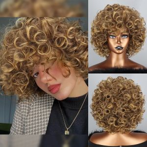 Wigs Short Wig Curly Gold Synthetic Afro Kinky Curly Wig With Bangs Natural Wig for Women's Heat Resistant Fiber Fluffy Hair