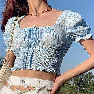 T-shirt da donna T-shirt increspata estiva con maniche a sbuffo da donna Stampa farfalla Colletto quadrato Ruffles Tie-Up Slim Fit Crop Top Camicetta femminile CamicieC24319