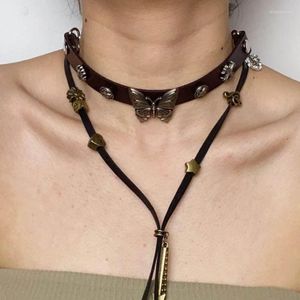 Gargantilha colar gótico de couro para mulheres, punk gótico, camada dupla, colares vintage, correntes de clavícula, joias