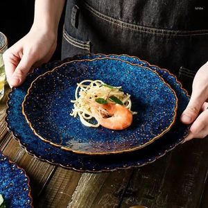 Tallrikar europeiska retro blå keramiska västerländska platta el restaurang biff pasta fast färg runda