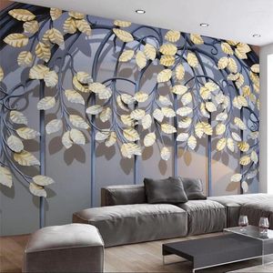 Bakgrundsbilder Anpassade väggmålningar Retro Iron Golden Leaf 3D Modern TV -vägg Stort grönt självlim Wallpaper Papel de Parede Waterproof