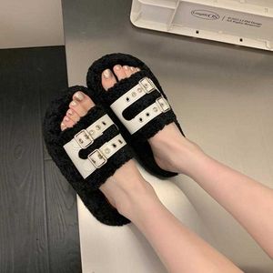 HBP Infradito casual con fibbia per cintura personalizzata non di marca Pantofole invernali da donna soffici con punta aperta e suola spessa pantofole da uomo economiche