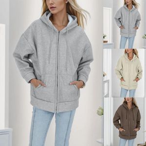 Damen-Kapuzenpullover, langes Sweatshirt mit Reißverschluss, Kapuzenpullover, Herbst und Winter, lockerer Stil, lockere Jacken, Strickjacke, Fleece-Pullover für Damen